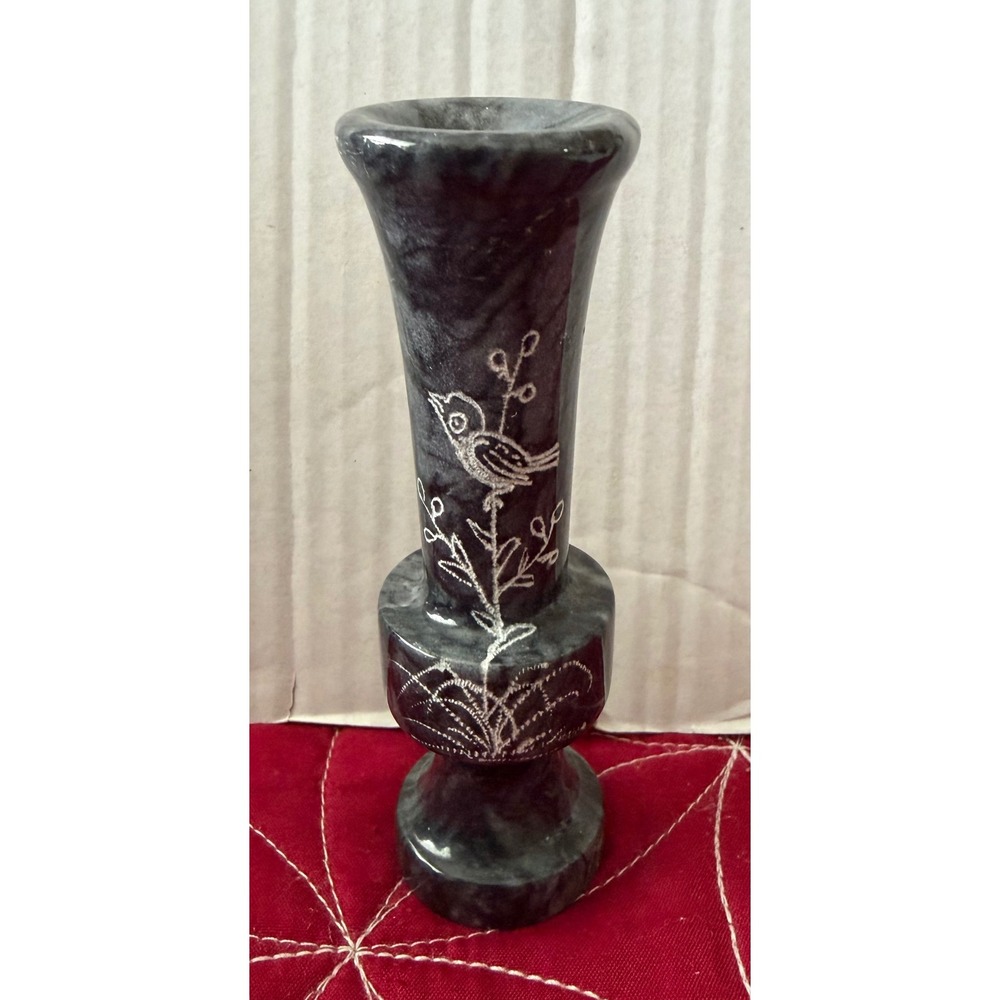 Vintage Etched Marble Bud Vase Bird Floral Carving Small Decorative Accent